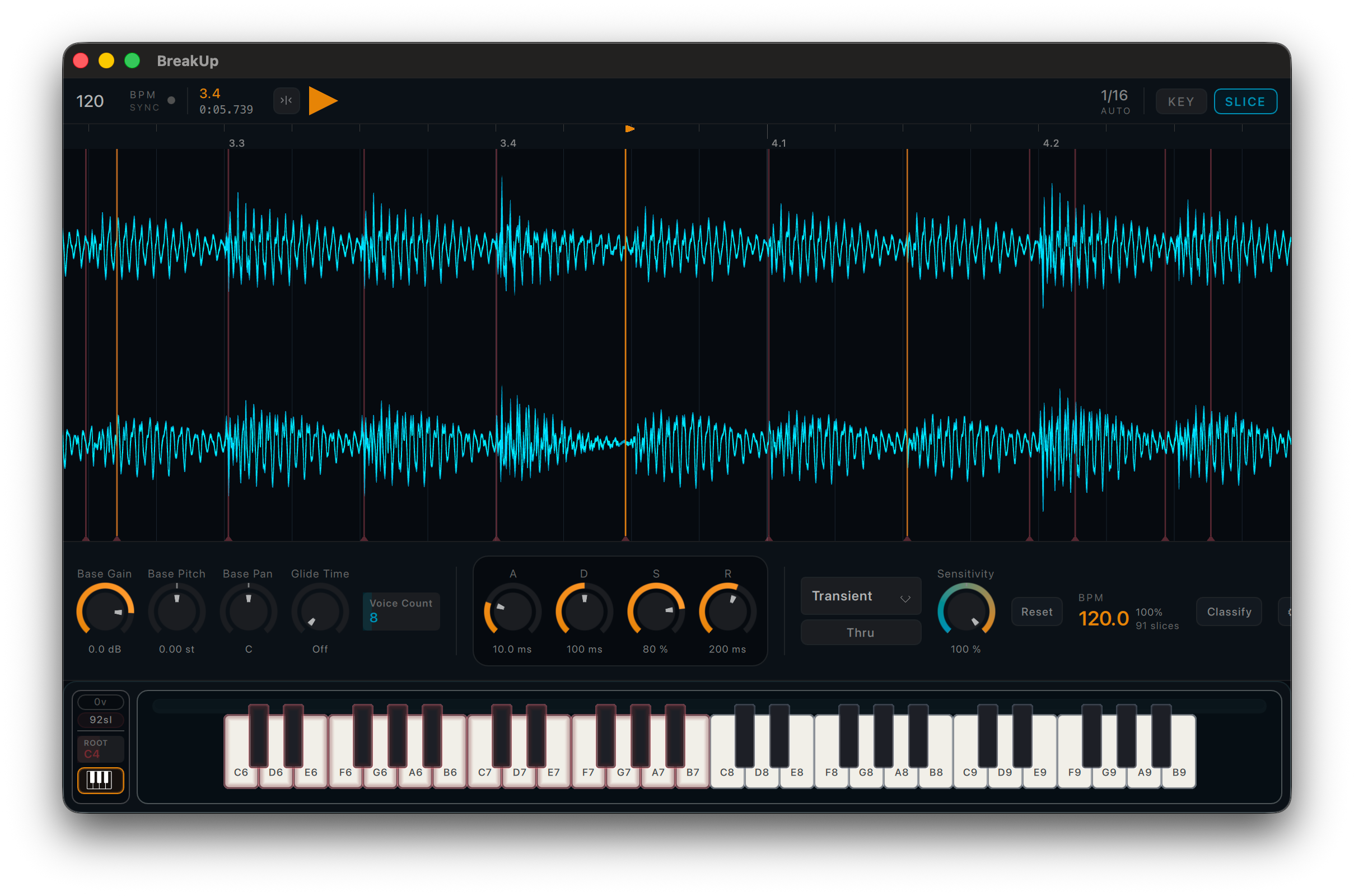 Dr. Breakup plugin interface: waveform editor with slice markers, ADSR, and keyboard